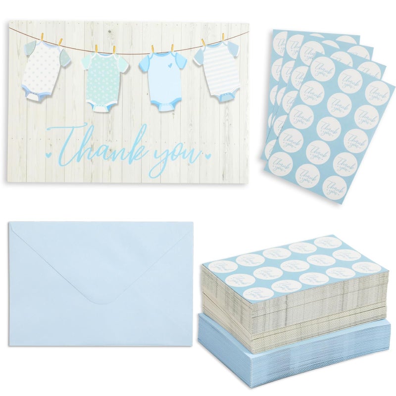 Pipilo Press Baby Shower Thank You Cards with Envelopes & Stickers for Boy - 6 x 4 Inch Blue Clothesline Design - Pack of 60 - Baby Boy Thank You Cards - Image 1
